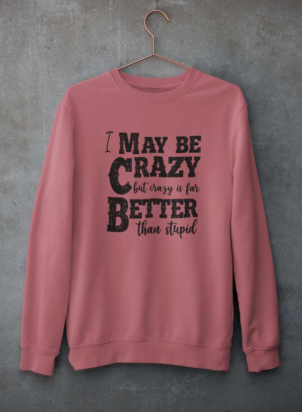 A cozy sweatshirt featuring the phrase 'I May Be Crazy But Crazy Is Far Better Than Stupid', made from a soft cotton/poly fleece blend.