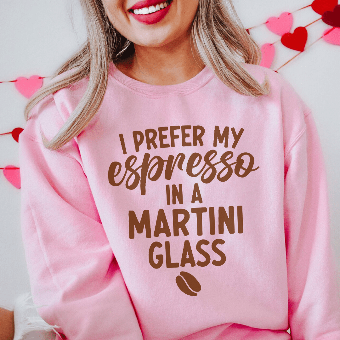Cozy sweatshirt with 'I Prefer My Espresso' design, featuring adjustable cuffs and fleece lining.