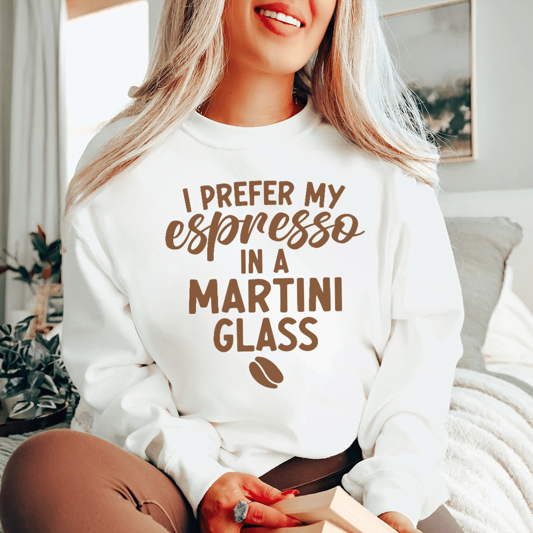 Cozy sweatshirt with 'I Prefer My Espresso' design, featuring adjustable cuffs and fleece lining.
