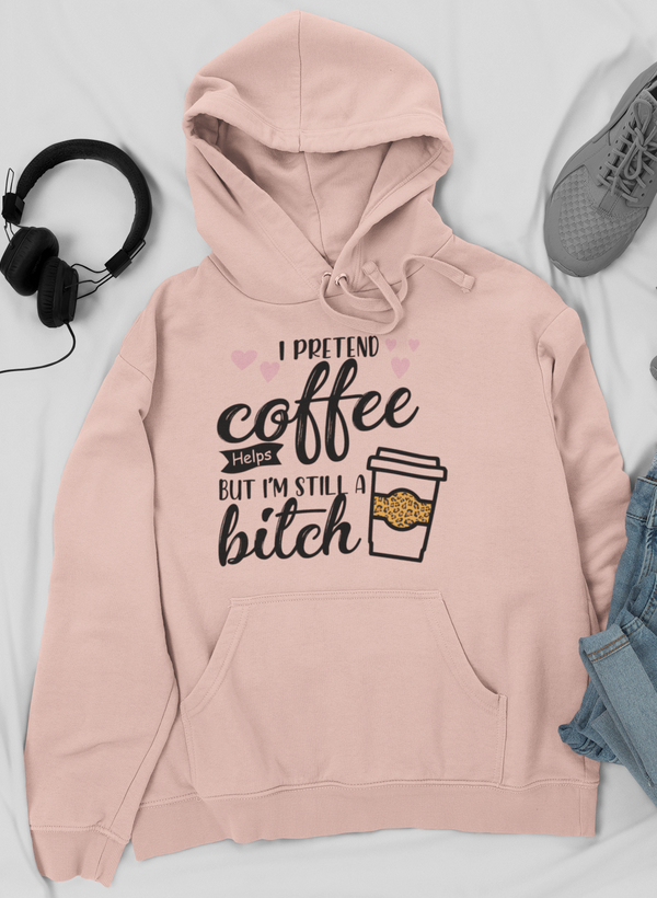 I Pretend Coffee Helps Hoodie featuring a cozy fleece design with an adjustable hood and unique artistic print.