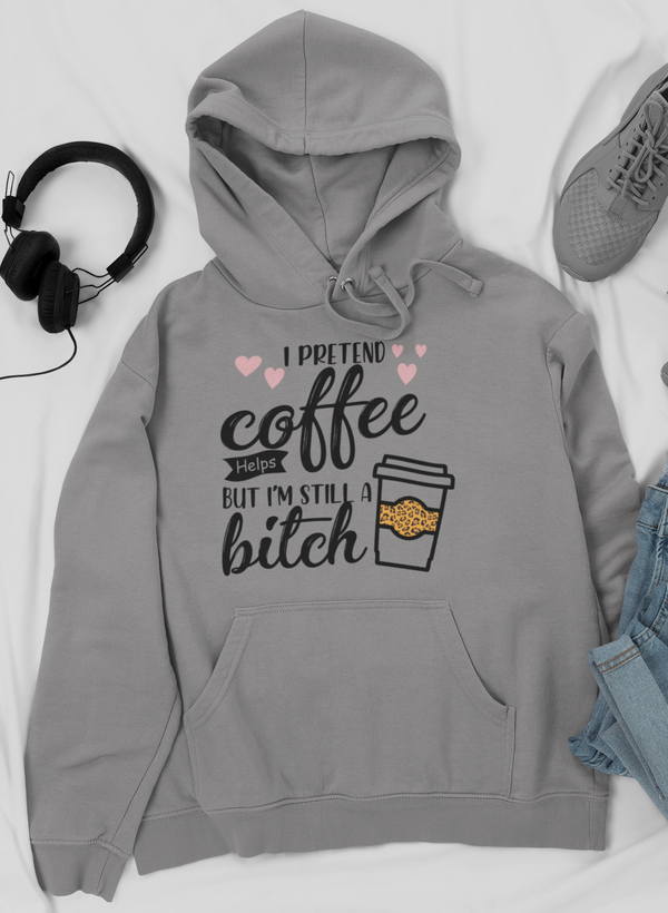 I Pretend Coffee Helps Hoodie featuring a cozy fleece design with an adjustable hood and unique artistic print.