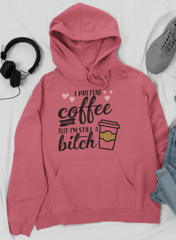 I Pretend Coffee Helps Hoodie featuring a cozy fleece design with an adjustable hood and unique artistic print.