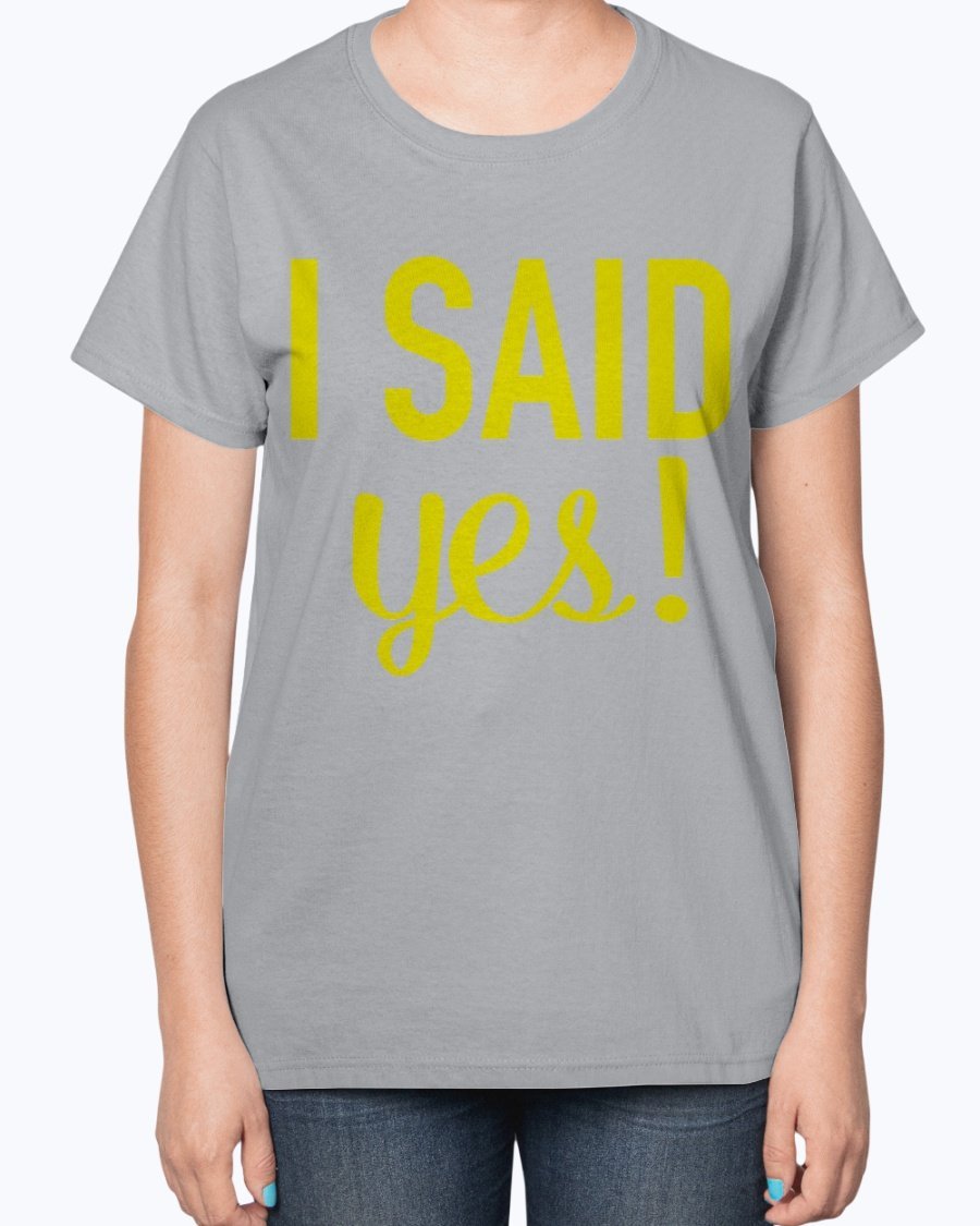 A stylish 'I Said Yes' bridal t-shirt for ladies, featuring a feminine fit and soft cotton blend fabric.