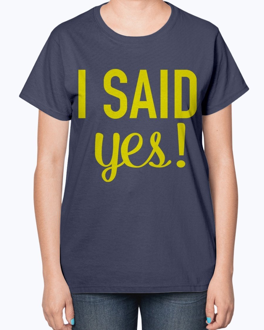 A stylish 'I Said Yes' bridal t-shirt for ladies, featuring a feminine fit and soft cotton blend fabric.