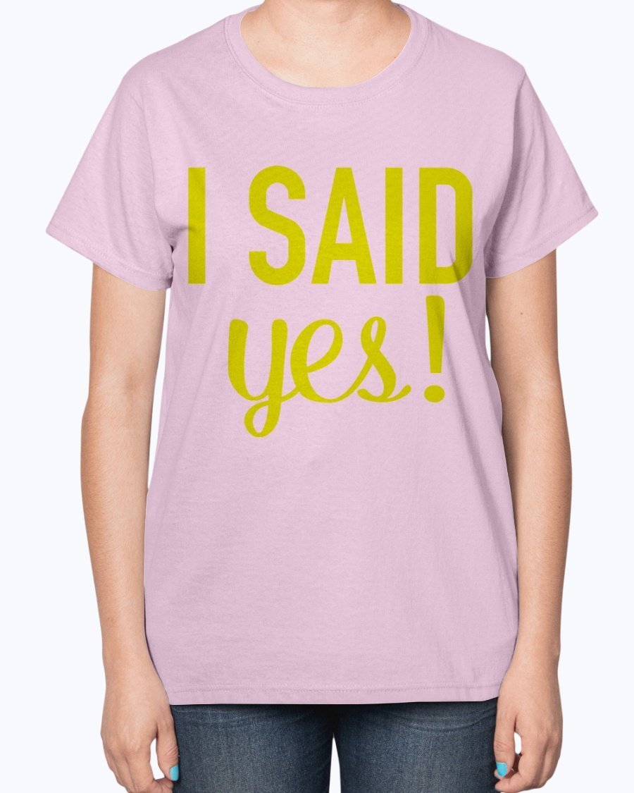A stylish 'I Said Yes' bridal t-shirt for ladies, featuring a feminine fit and soft cotton blend fabric.