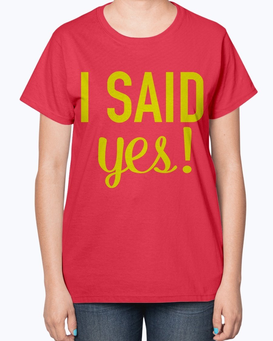 A stylish 'I Said Yes' bridal t-shirt for ladies, featuring a feminine fit and soft cotton blend fabric.