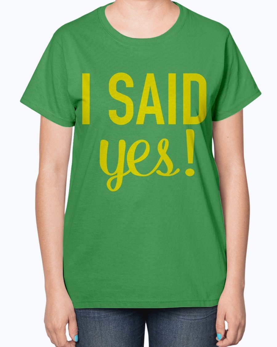A stylish 'I Said Yes' bridal t-shirt for ladies, featuring a feminine fit and soft cotton blend fabric.