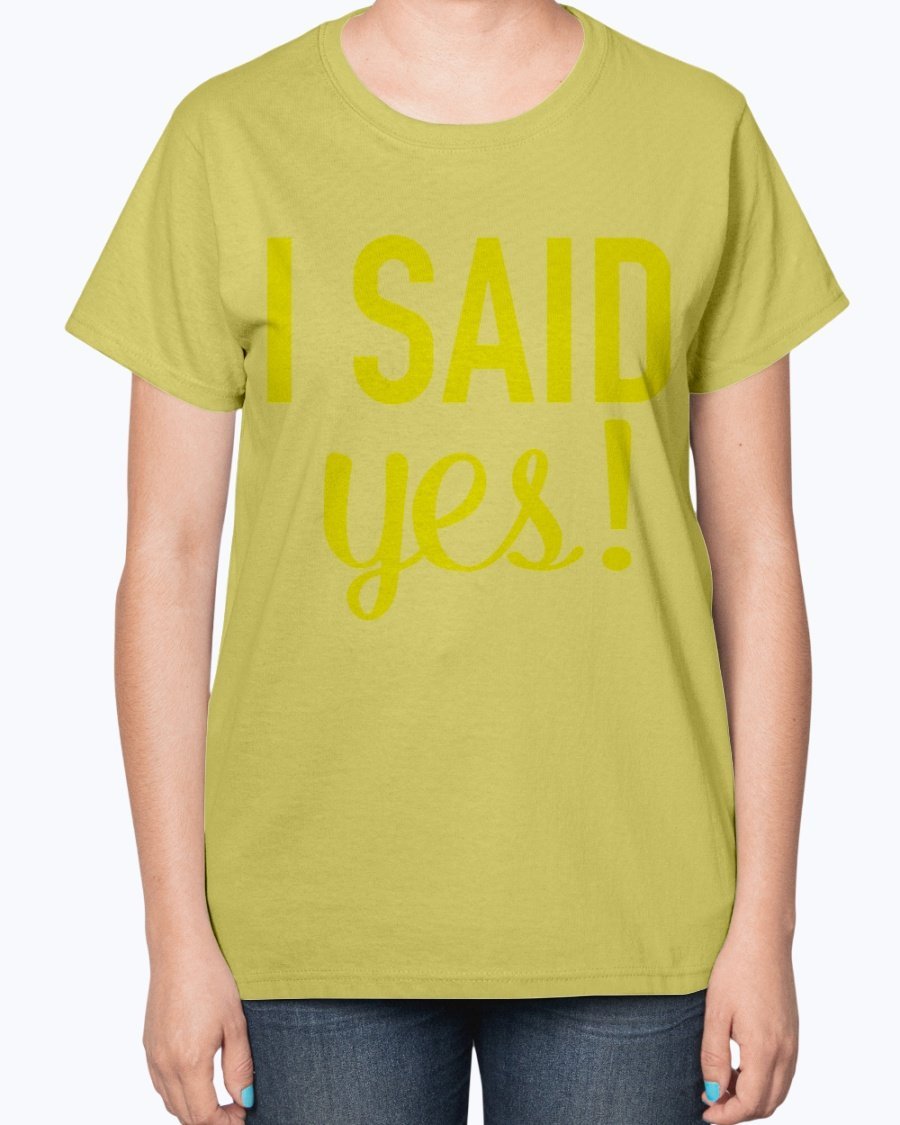 A stylish 'I Said Yes' bridal t-shirt for ladies, featuring a feminine fit and soft cotton blend fabric.