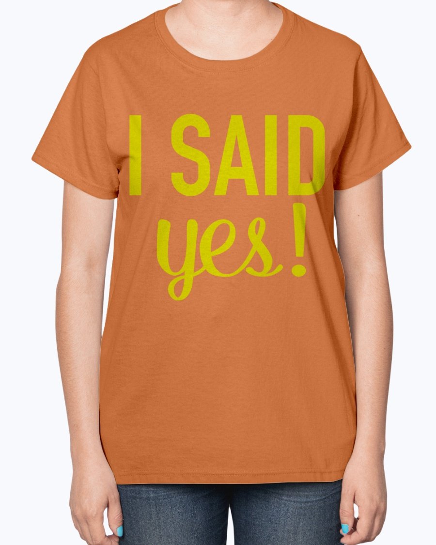 A stylish 'I Said Yes' bridal t-shirt for ladies, featuring a feminine fit and soft cotton blend fabric.