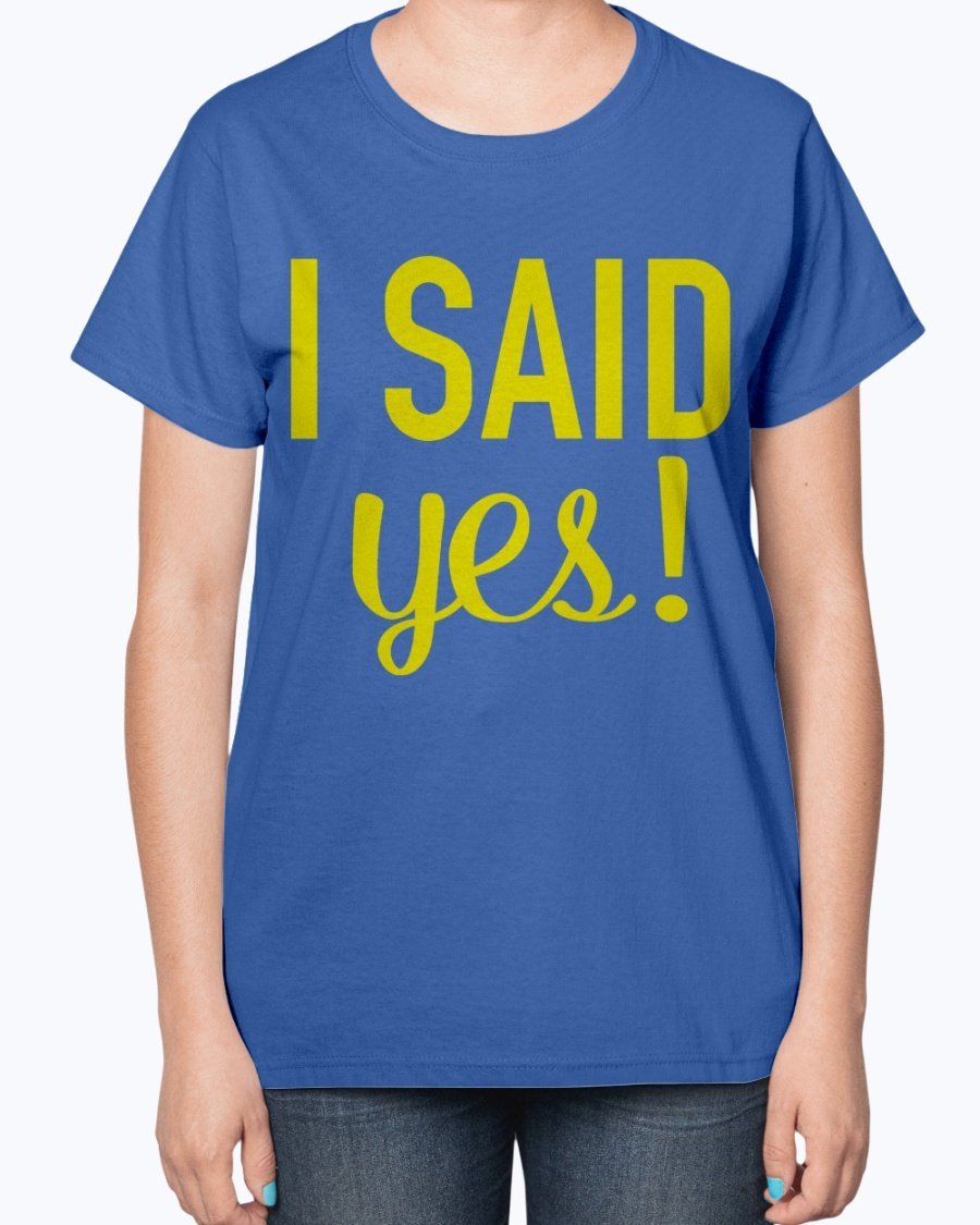 A stylish 'I Said Yes' bridal t-shirt for ladies, featuring a feminine fit and soft cotton blend fabric.