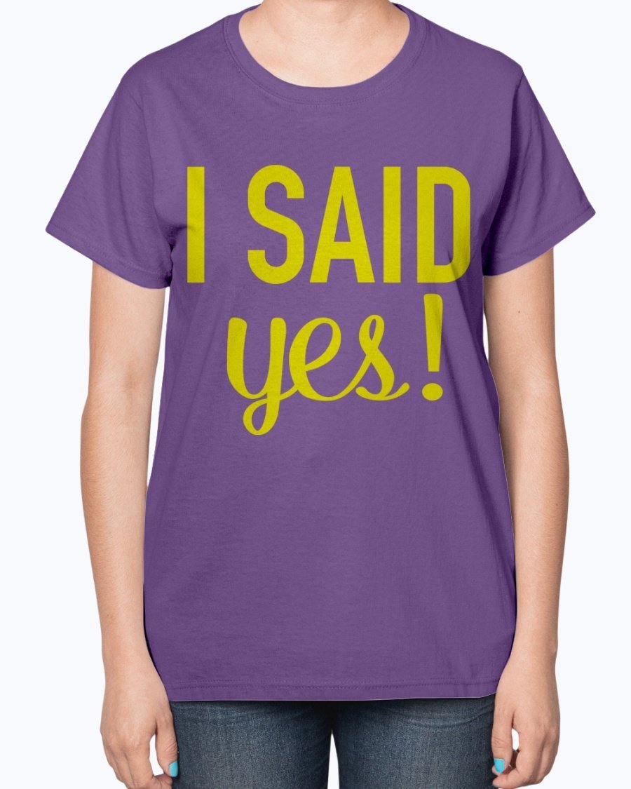 A stylish 'I Said Yes' bridal t-shirt for ladies, featuring a feminine fit and soft cotton blend fabric.