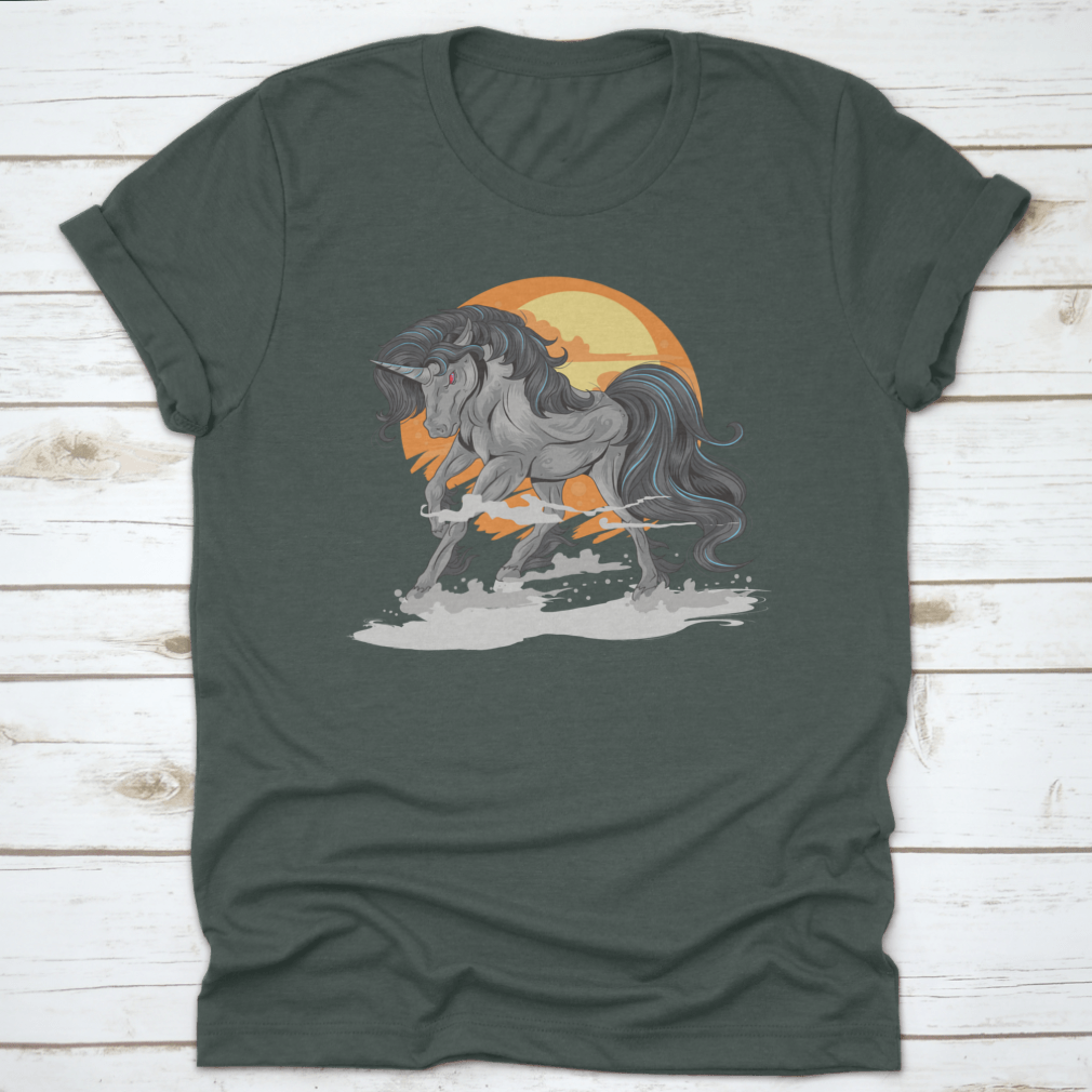 A whimsical t-shirt featuring an angry unicorn in the desert, showcasing vibrant colors and a unique design.