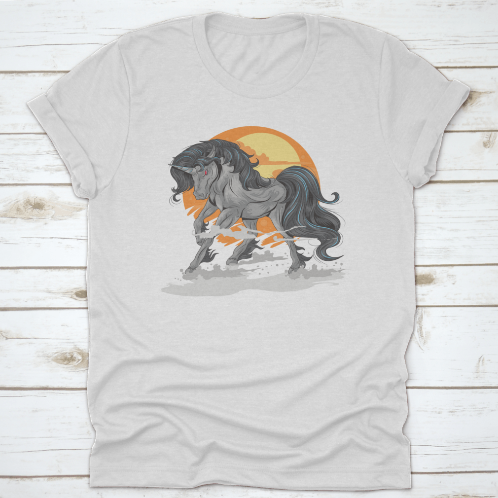 A whimsical t-shirt featuring an angry unicorn in the desert, showcasing vibrant colors and a unique design.