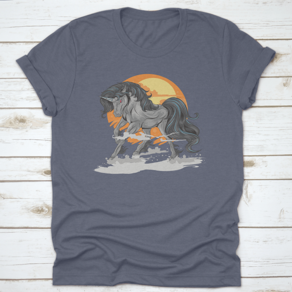 A whimsical t-shirt featuring an angry unicorn in the desert, showcasing vibrant colors and a unique design.