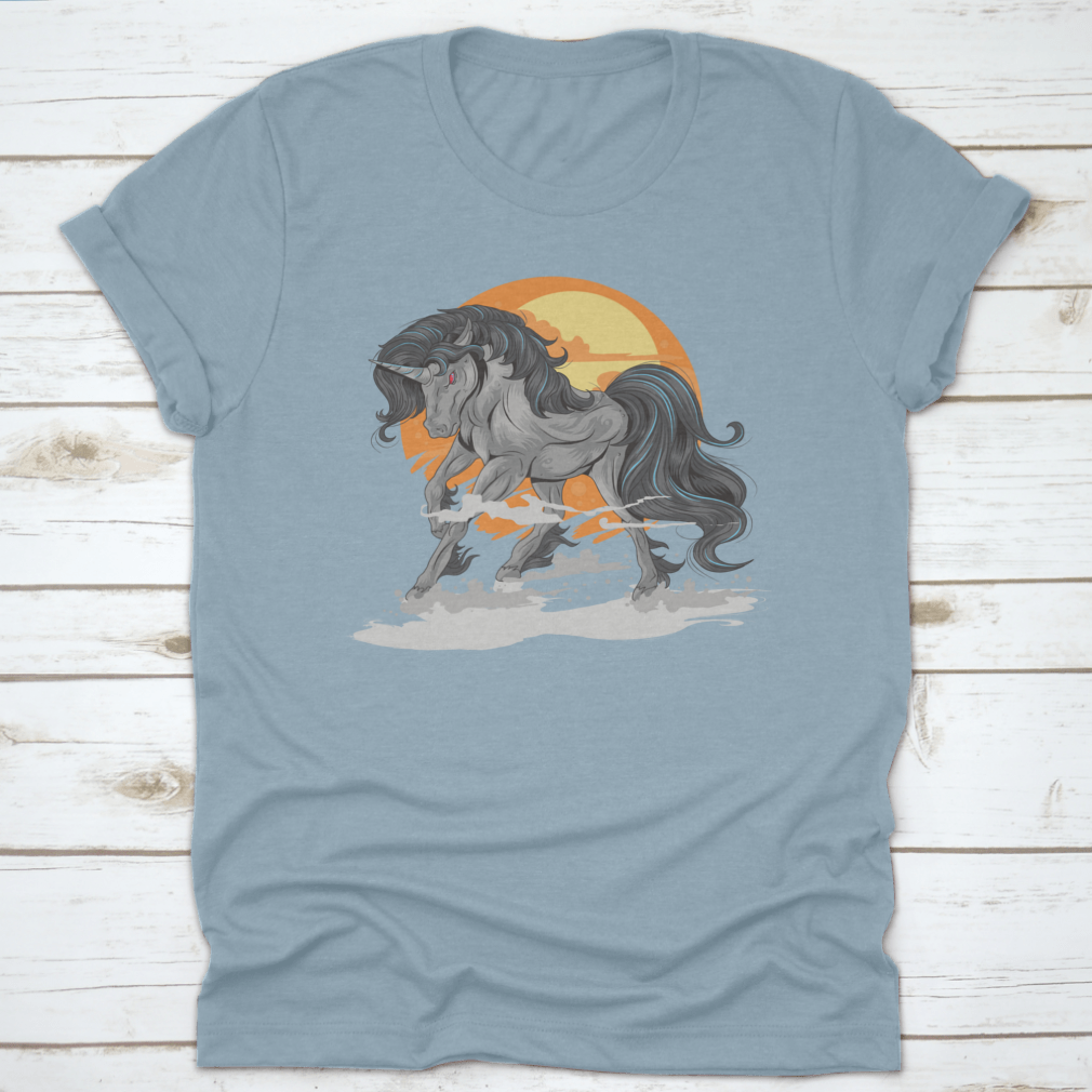 A whimsical t-shirt featuring an angry unicorn in the desert, showcasing vibrant colors and a unique design.
