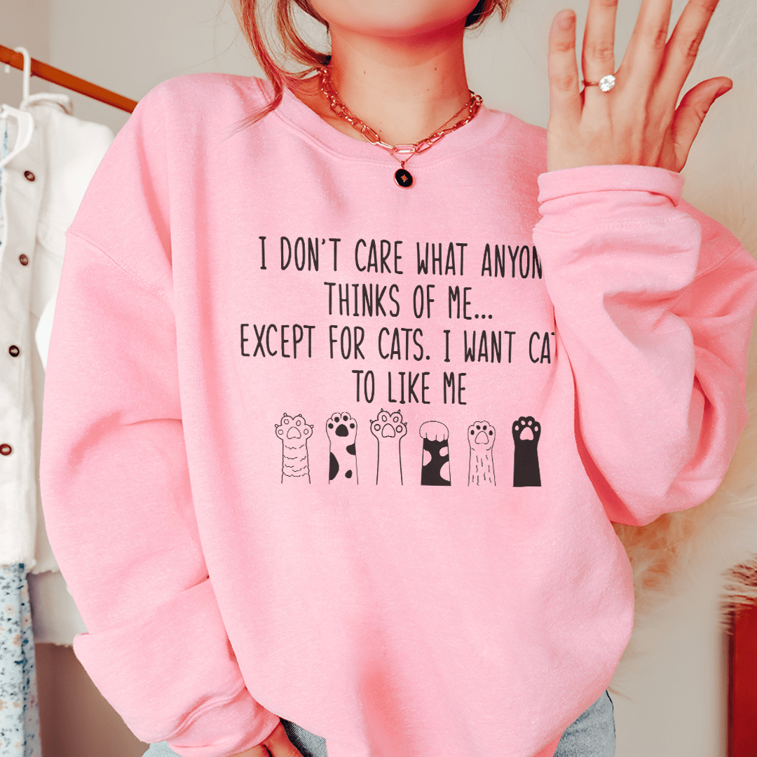 Cozy 'I Want Cats To Like Me' sweatshirt featuring a unique design, perfect for cat lovers.