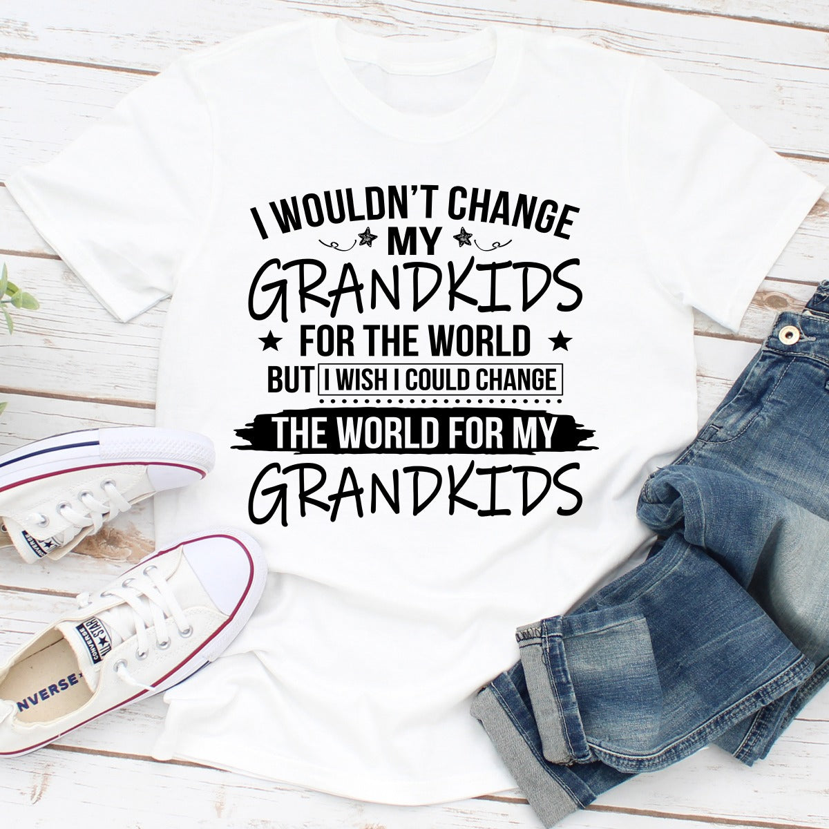 A comfortable t-shirt featuring the phrase 'I Wouldn't Change My Grandkids For The World', made from soft ring-spun cotton.