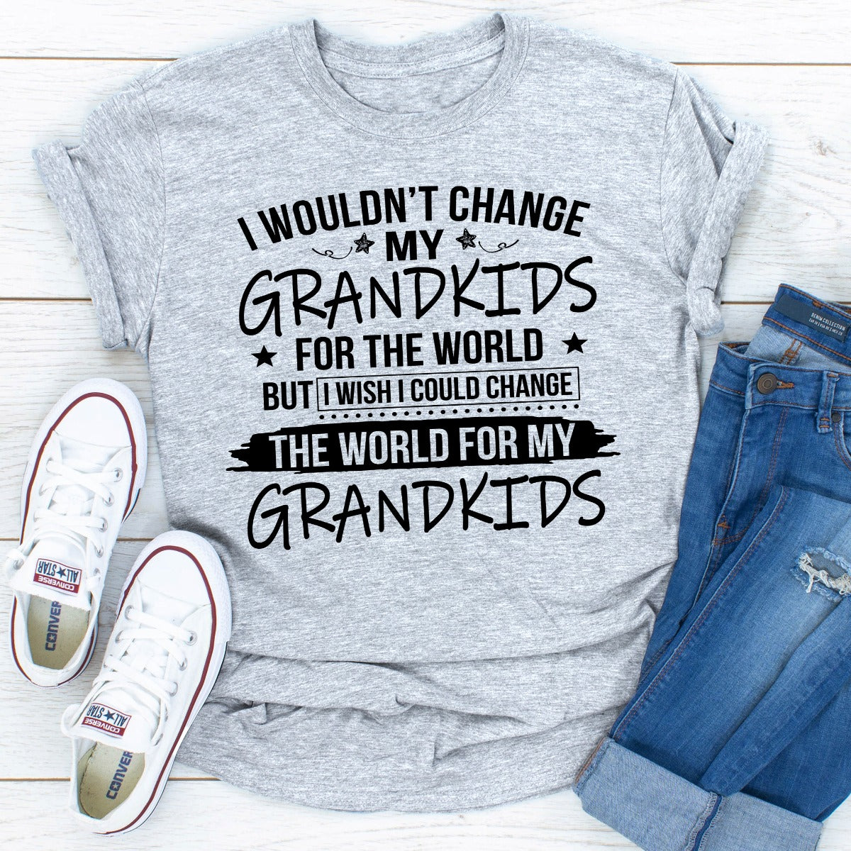 A comfortable t-shirt featuring the phrase 'I Wouldn't Change My Grandkids For The World', made from soft ring-spun cotton.