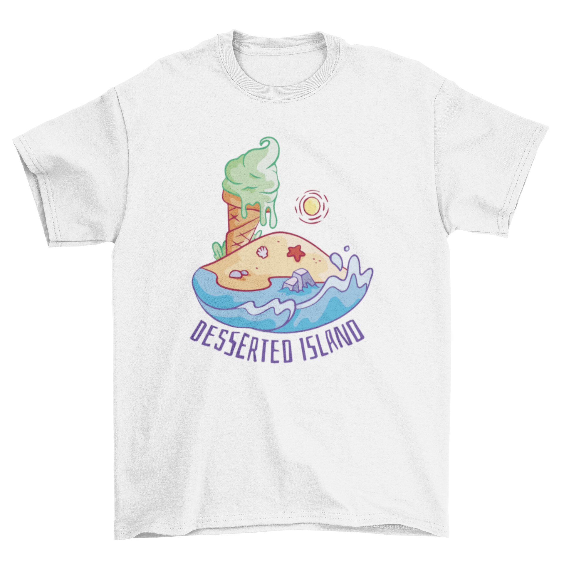 Ice Cream Island Sweet T-Shirt featuring an island with ice cream and the quote 'Desserted island' in vibrant colors.