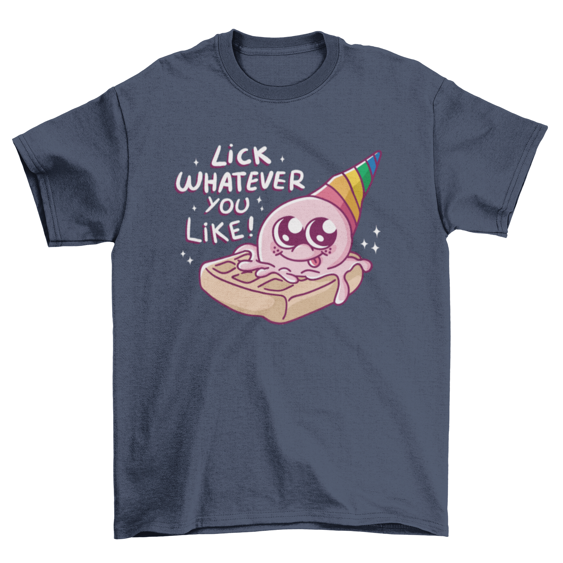 A colorful t-shirt design featuring a scoop of ice cream on a waffle, showcasing a fun dessert theme.