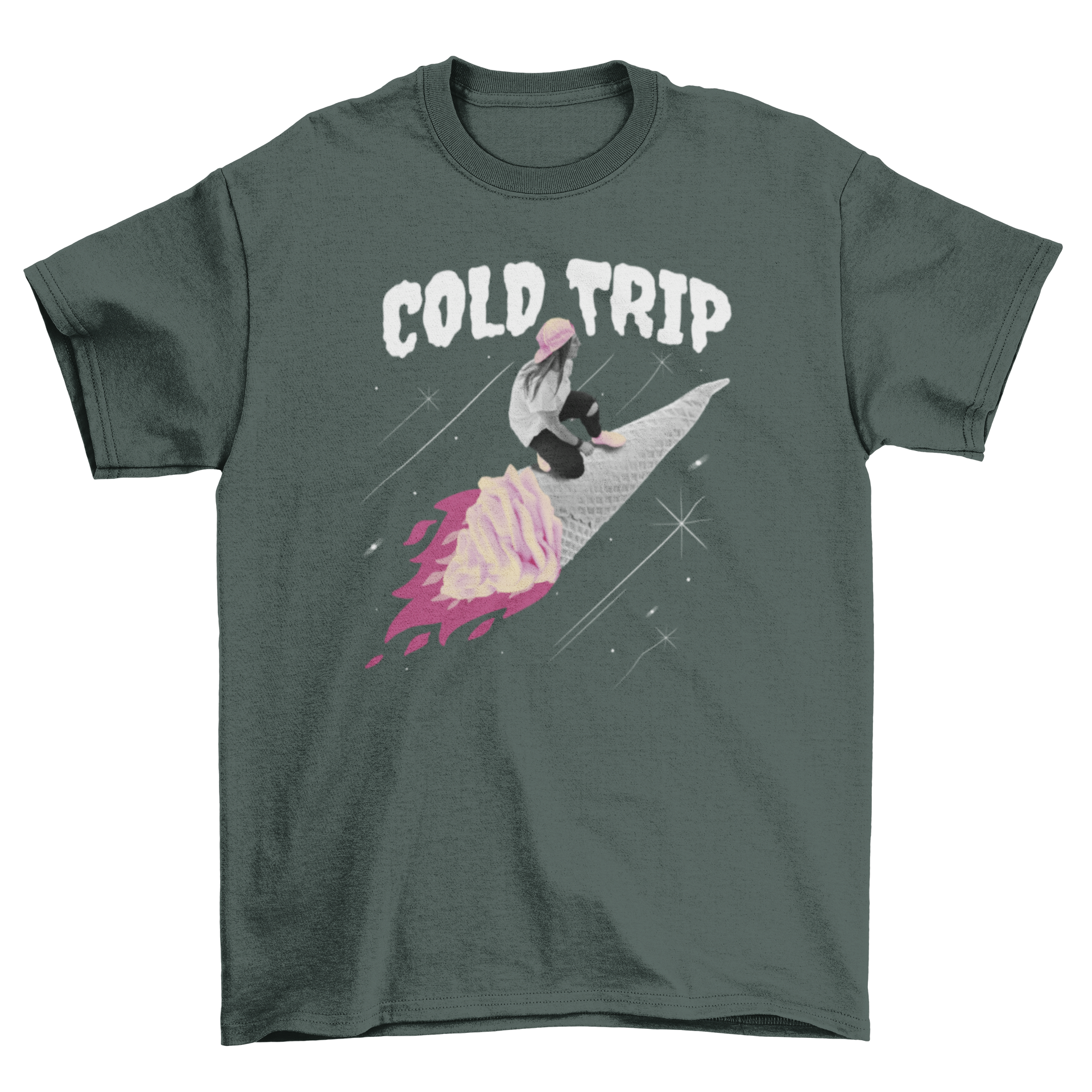 A vibrant PSD t-shirt design featuring a woman riding an ice cream rocket with the quote 'Cold trip'.