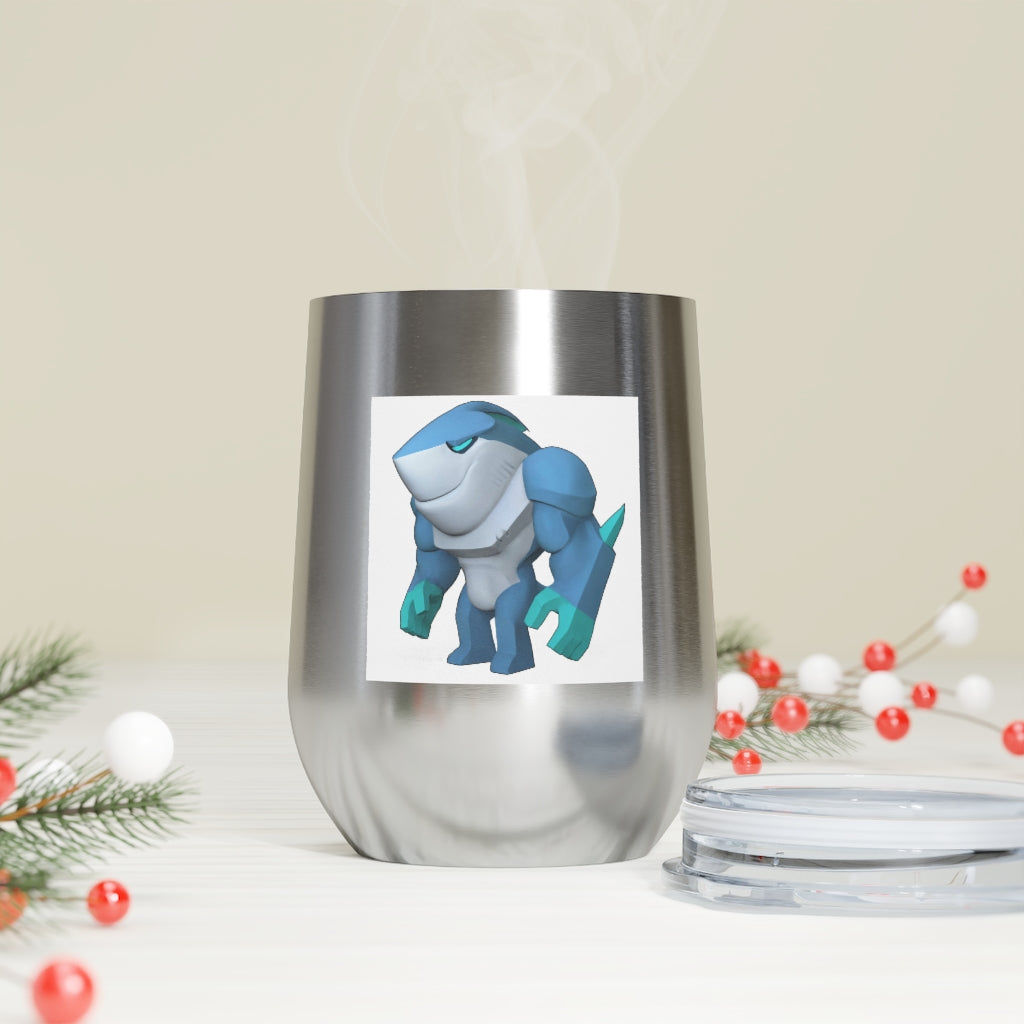 Ice Shark 12oz Insulated Wine Tumbler with clear lid, showcasing a sleek stainless steel design and customizable artwork.