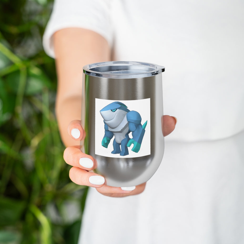 Ice Shark 12oz Insulated Wine Tumbler with clear lid, showcasing a sleek stainless steel design and customizable artwork.