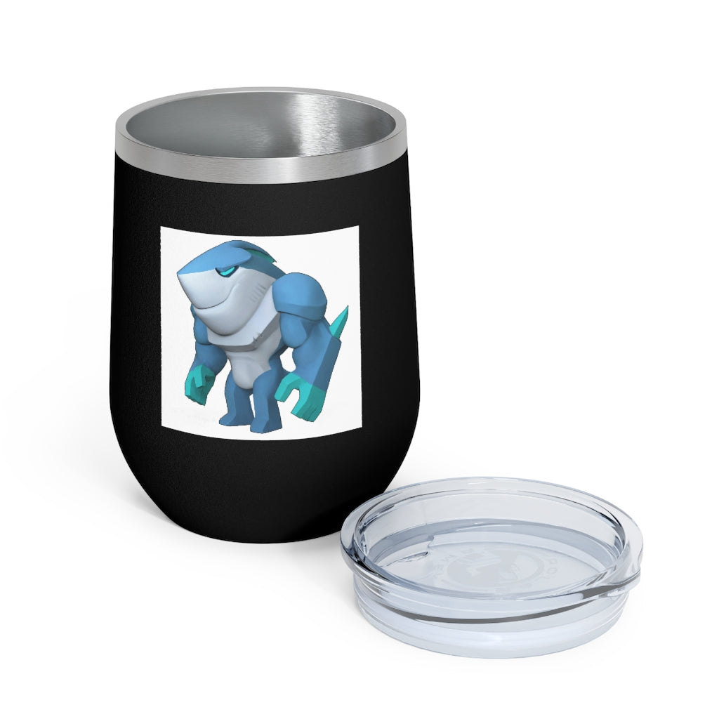 Ice Shark 12oz Insulated Wine Tumbler with clear lid, showcasing a sleek stainless steel design and customizable artwork.