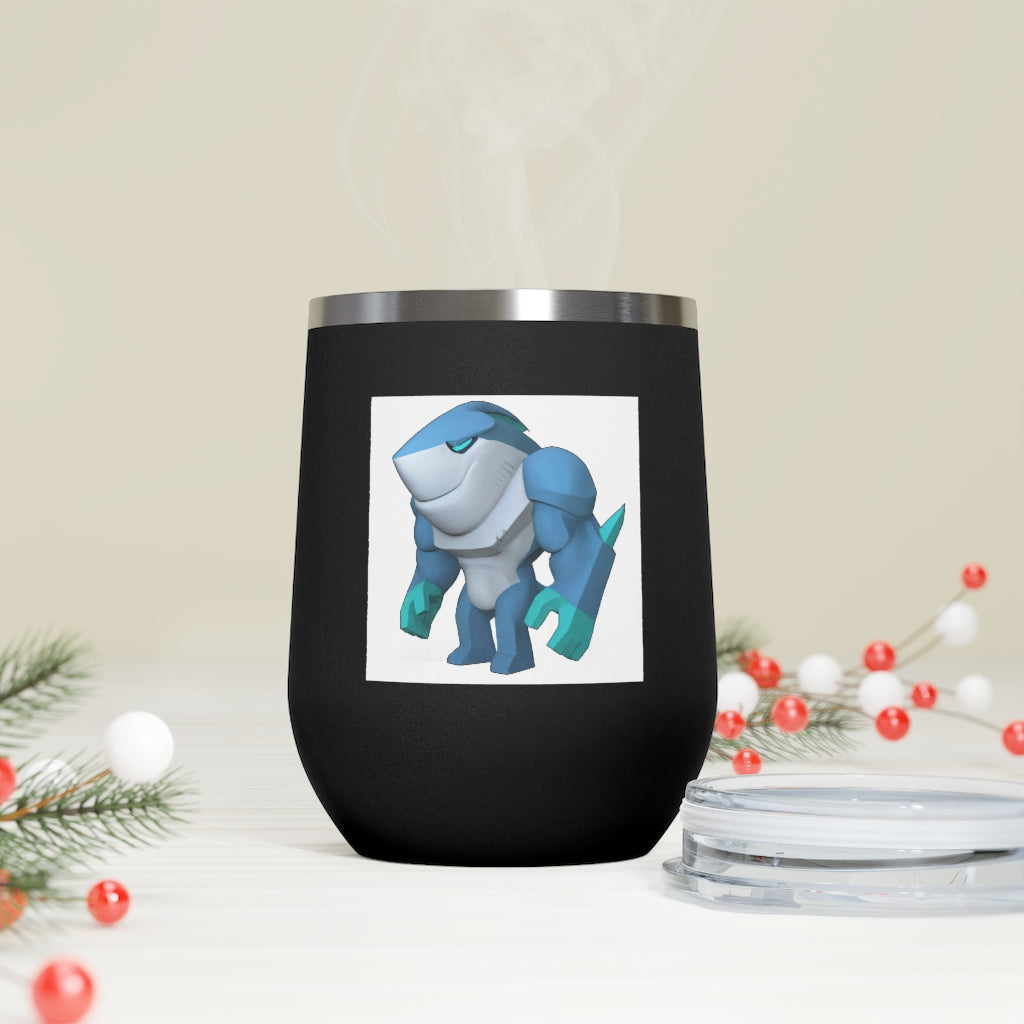 Ice Shark 12oz Insulated Wine Tumbler with clear lid, showcasing a sleek stainless steel design and customizable artwork.