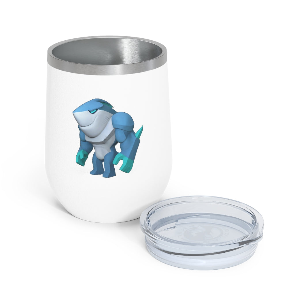 Ice Shark 12oz Insulated Wine Tumbler with clear lid, showcasing a sleek stainless steel design and customizable artwork.