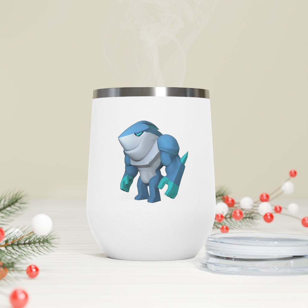 Ice Shark 12oz Insulated Wine Tumbler with clear lid, showcasing a sleek stainless steel design and customizable artwork.