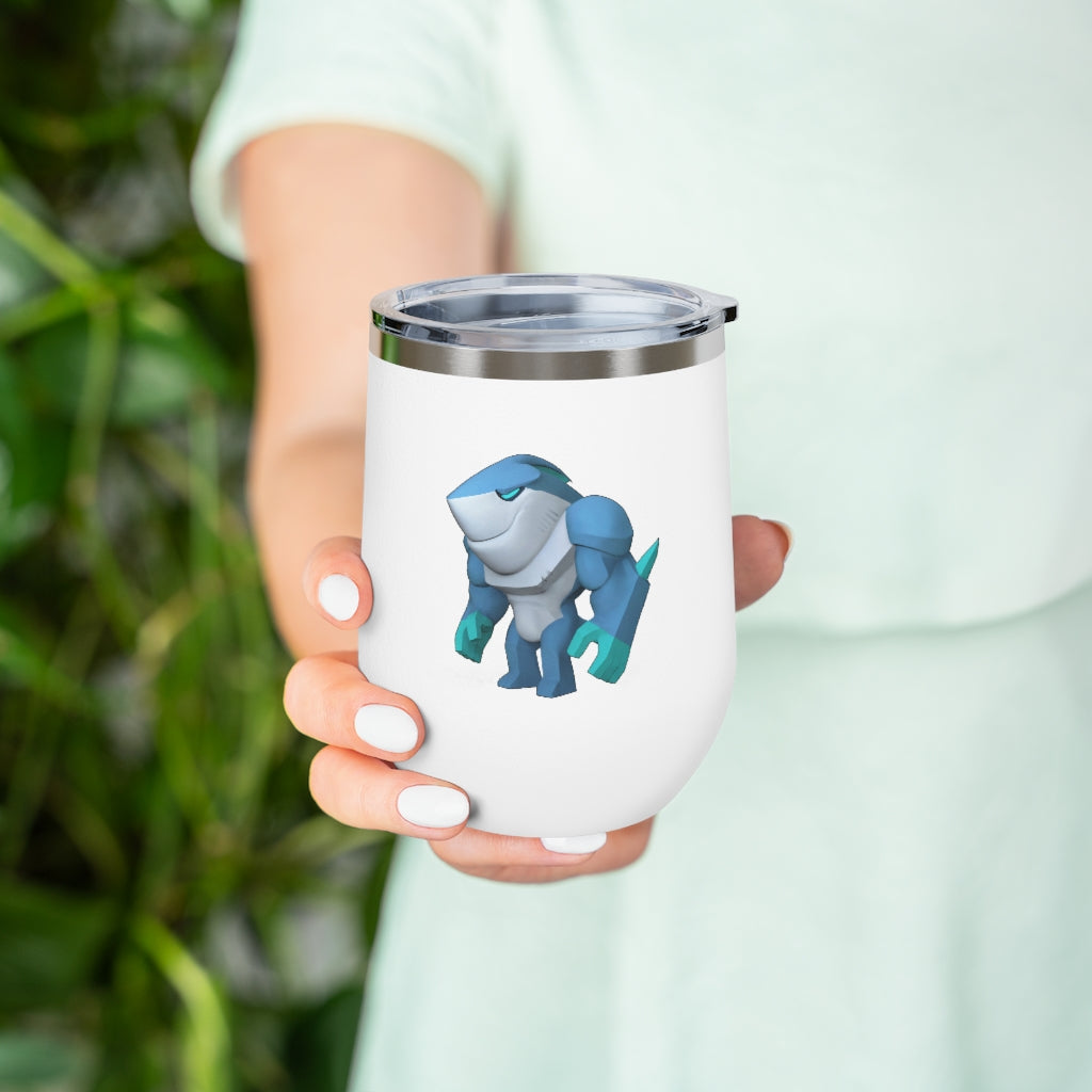 Ice Shark 12oz Insulated Wine Tumbler with clear lid, showcasing a sleek stainless steel design and customizable artwork.