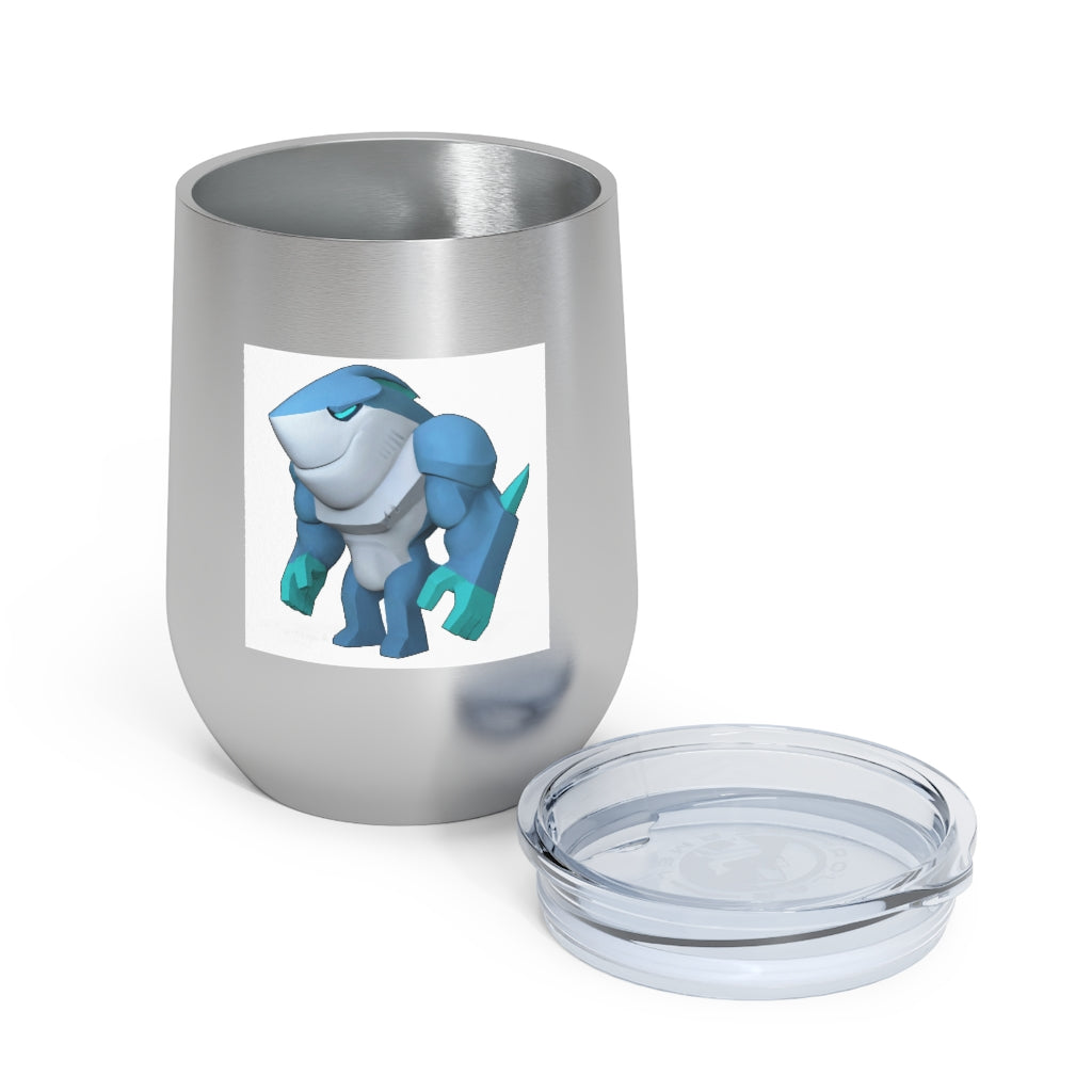 Ice Shark 12oz Insulated Wine Tumbler with clear lid, showcasing a sleek stainless steel design and customizable artwork.