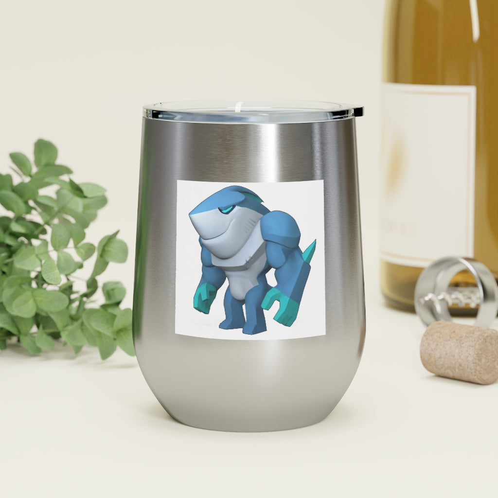 Ice Shark 12oz Insulated Wine Tumbler with clear lid, showcasing a sleek stainless steel design and customizable artwork.