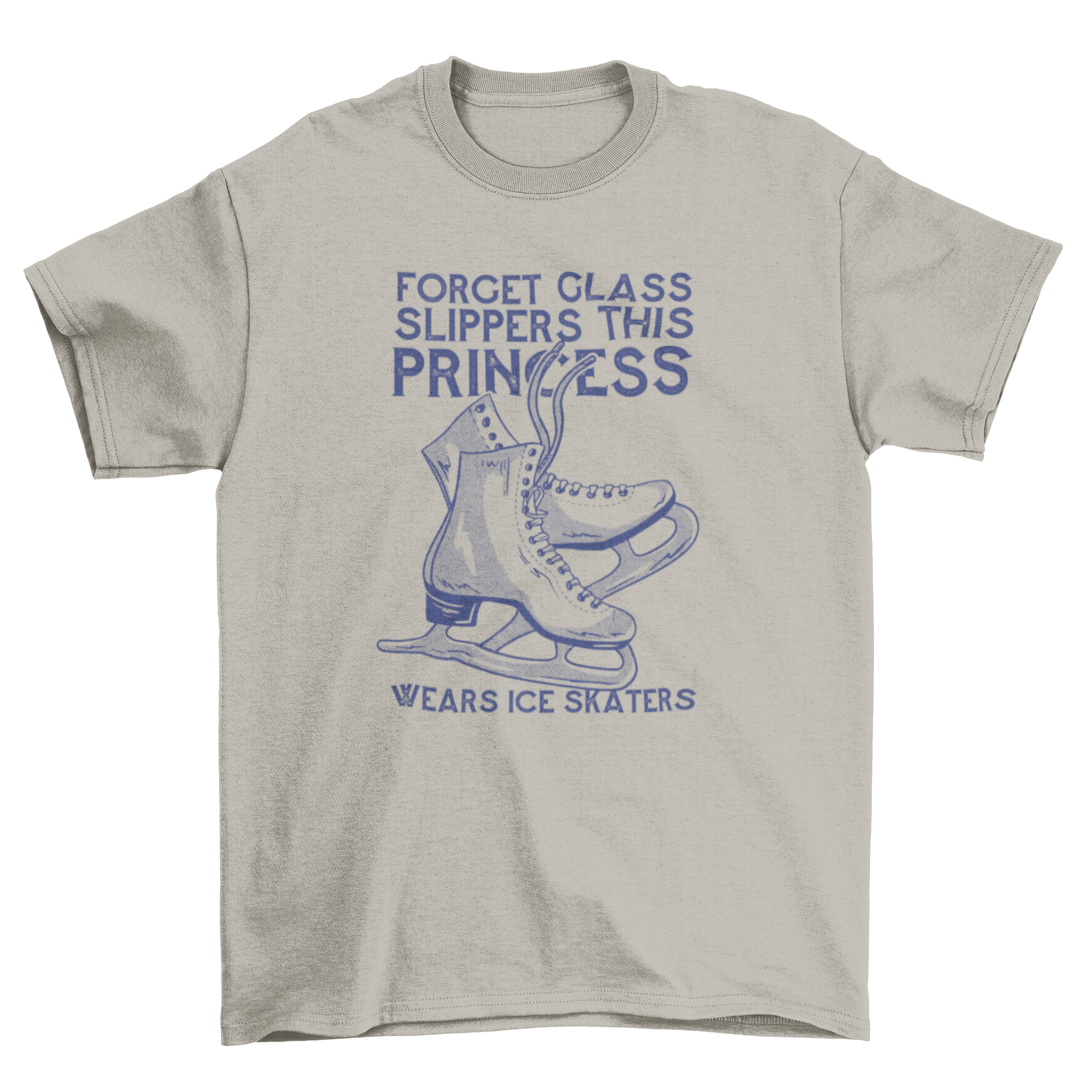 A stylish t-shirt featuring a graphic of ice skates and the quote 'Forget glass slippers, this princess wears ice skates'.