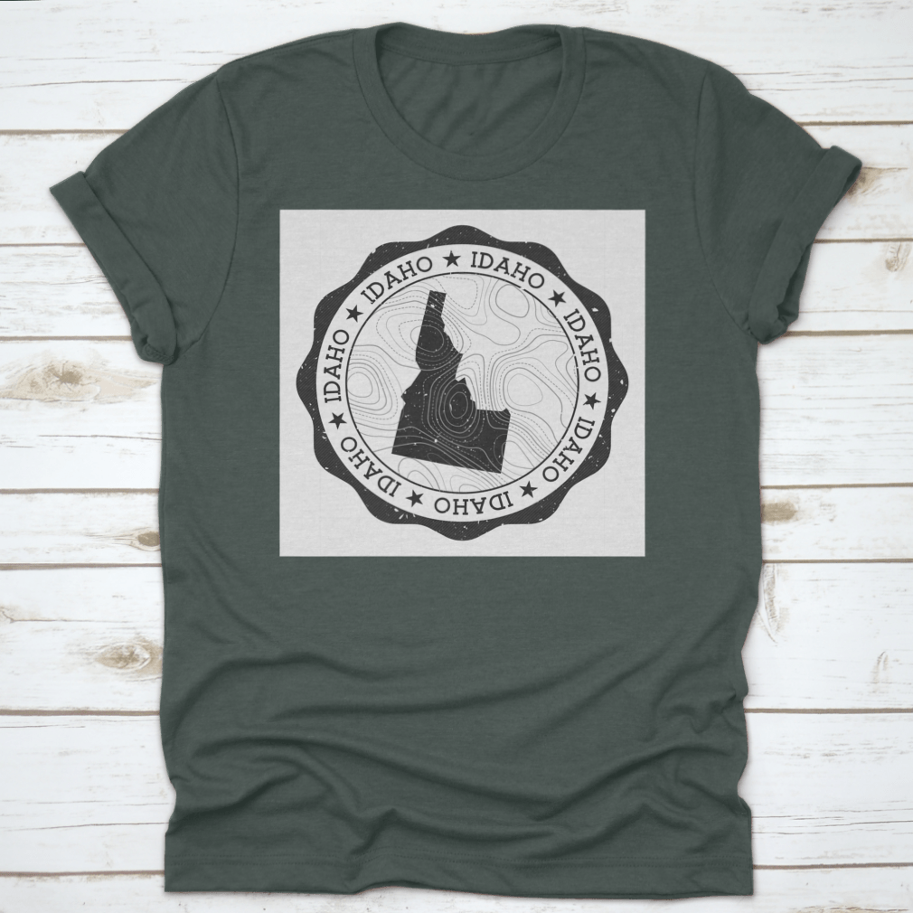 Idaho Outdoor Stamp Round Sticker featuring a detailed map of Idaho state, perfect for outdoor enthusiasts and personalizing gear.