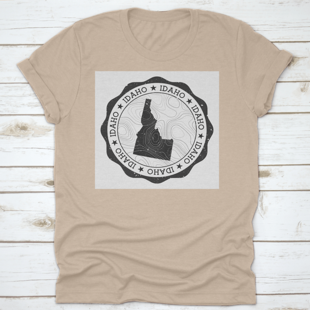 Idaho Outdoor Stamp Round Sticker featuring a detailed map of Idaho state, perfect for outdoor enthusiasts and personalizing gear.