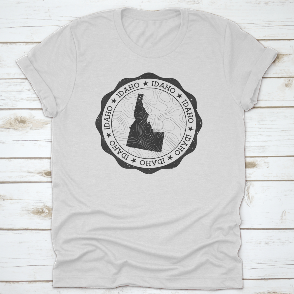 Idaho Outdoor Stamp Round Sticker featuring a detailed map of Idaho state, perfect for outdoor enthusiasts and personalizing gear.