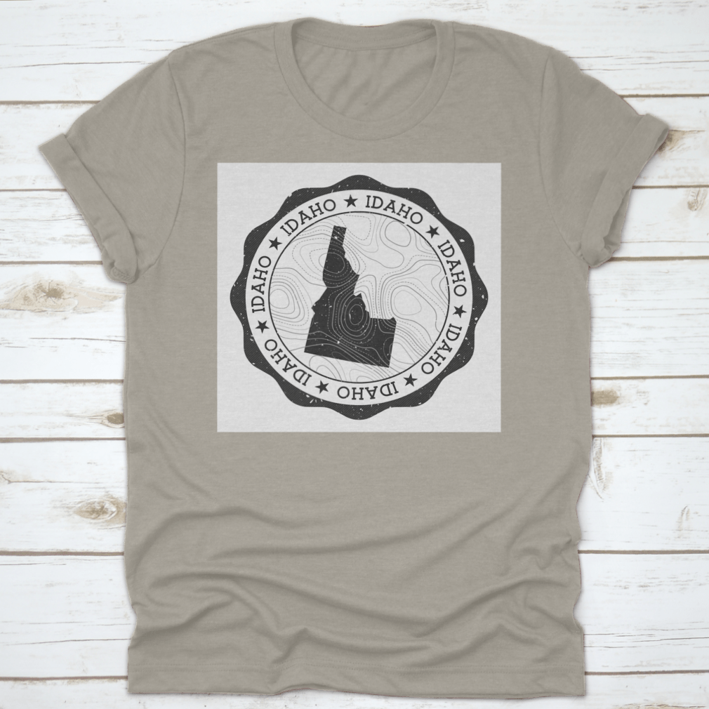 Idaho Outdoor Stamp Round Sticker featuring a detailed map of Idaho state, perfect for outdoor enthusiasts and personalizing gear.