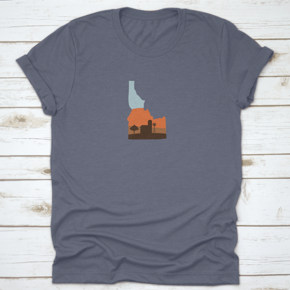 Idaho state shape design featuring a farm at sunset with a windmill and barn, showcasing vibrant colors.