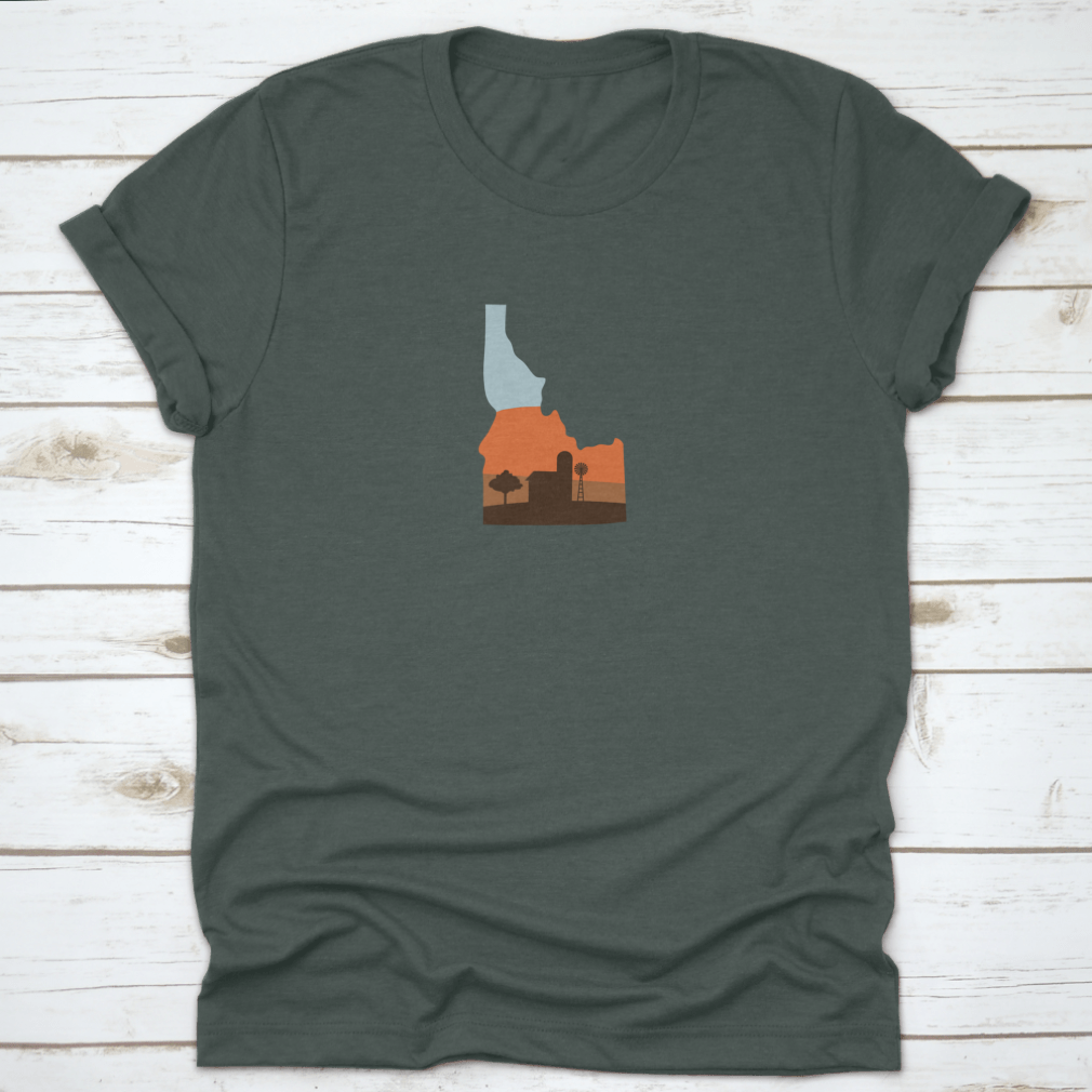 Idaho state shape design featuring a farm at sunset with a windmill and barn, showcasing vibrant colors.