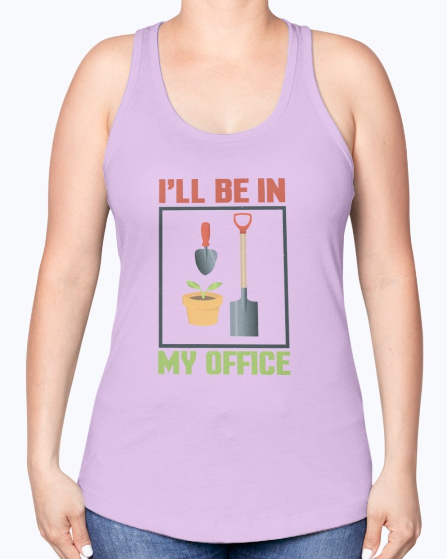 A stylish racerback tank top with the phrase 'I'll be in the office - Gardening' printed on it, made from a soft cotton-polyester blend.