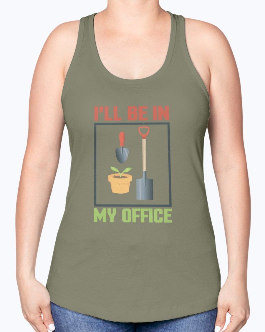 A stylish racerback tank top with the phrase 'I'll be in the office - Gardening' printed on it, made from a soft cotton-polyester blend.