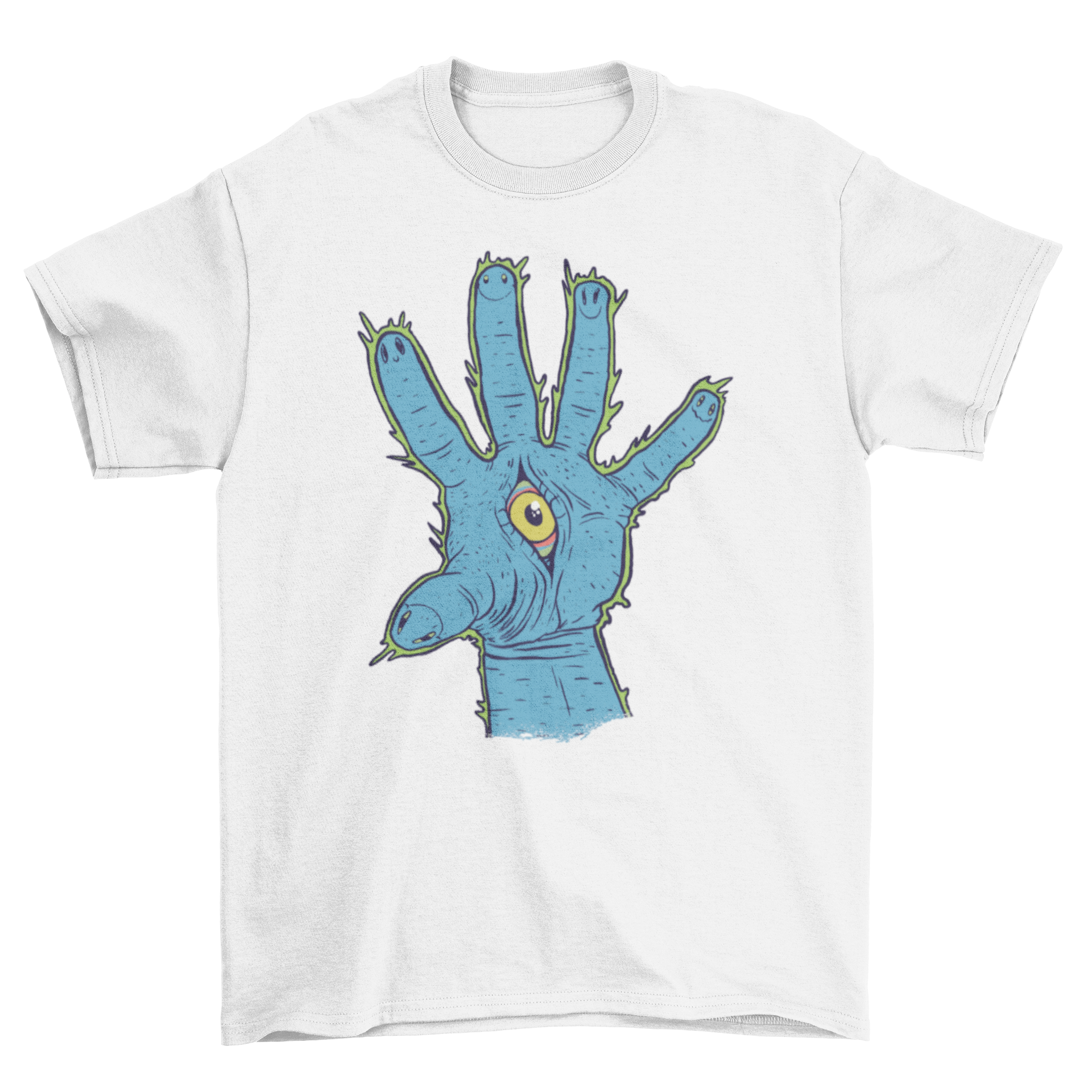 Illuminati hand t-shirt featuring a trippy hand design with an eye in the center, showcasing vibrant colors and artistic flair.