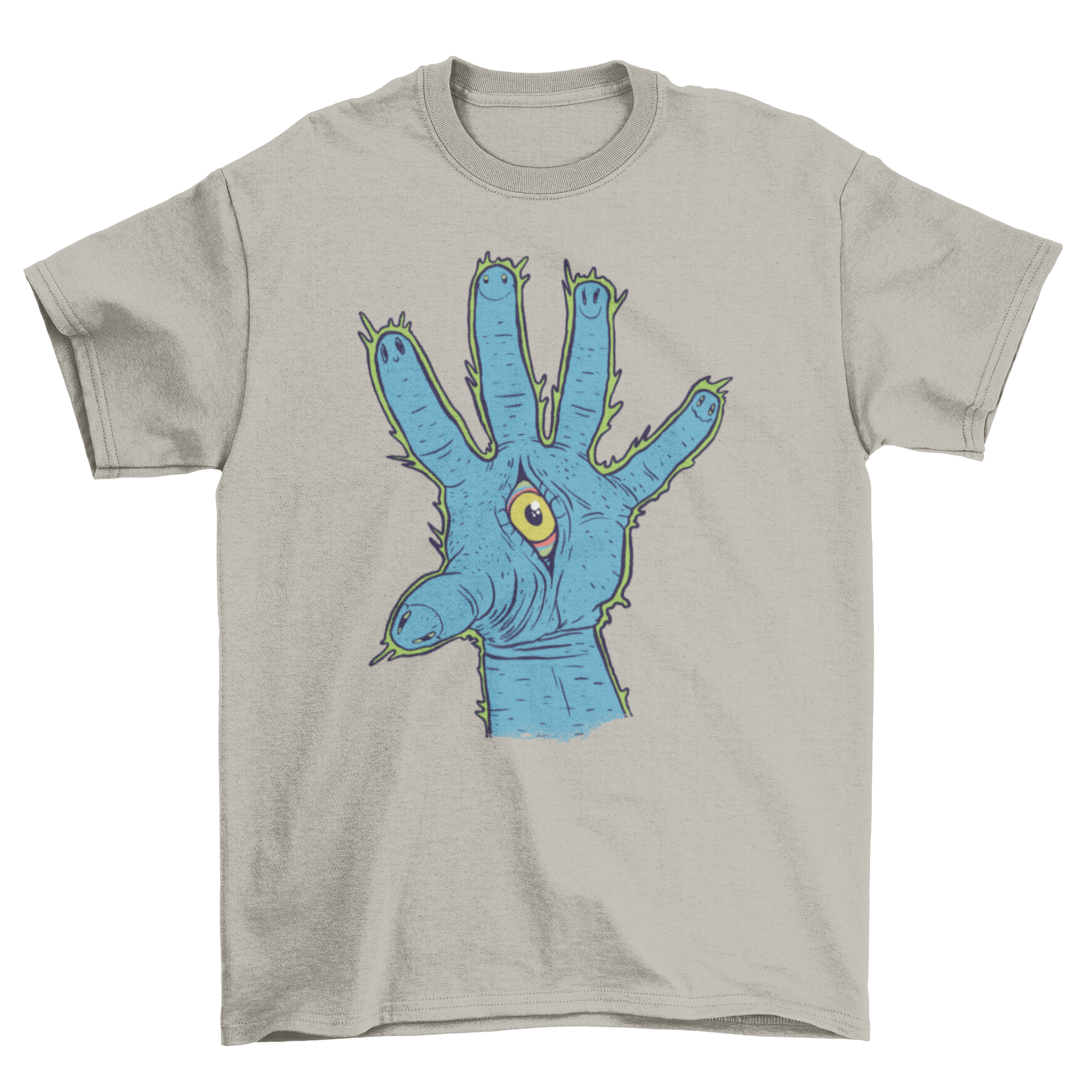 Illuminati hand t-shirt featuring a trippy hand design with an eye in the center, showcasing vibrant colors and artistic flair.