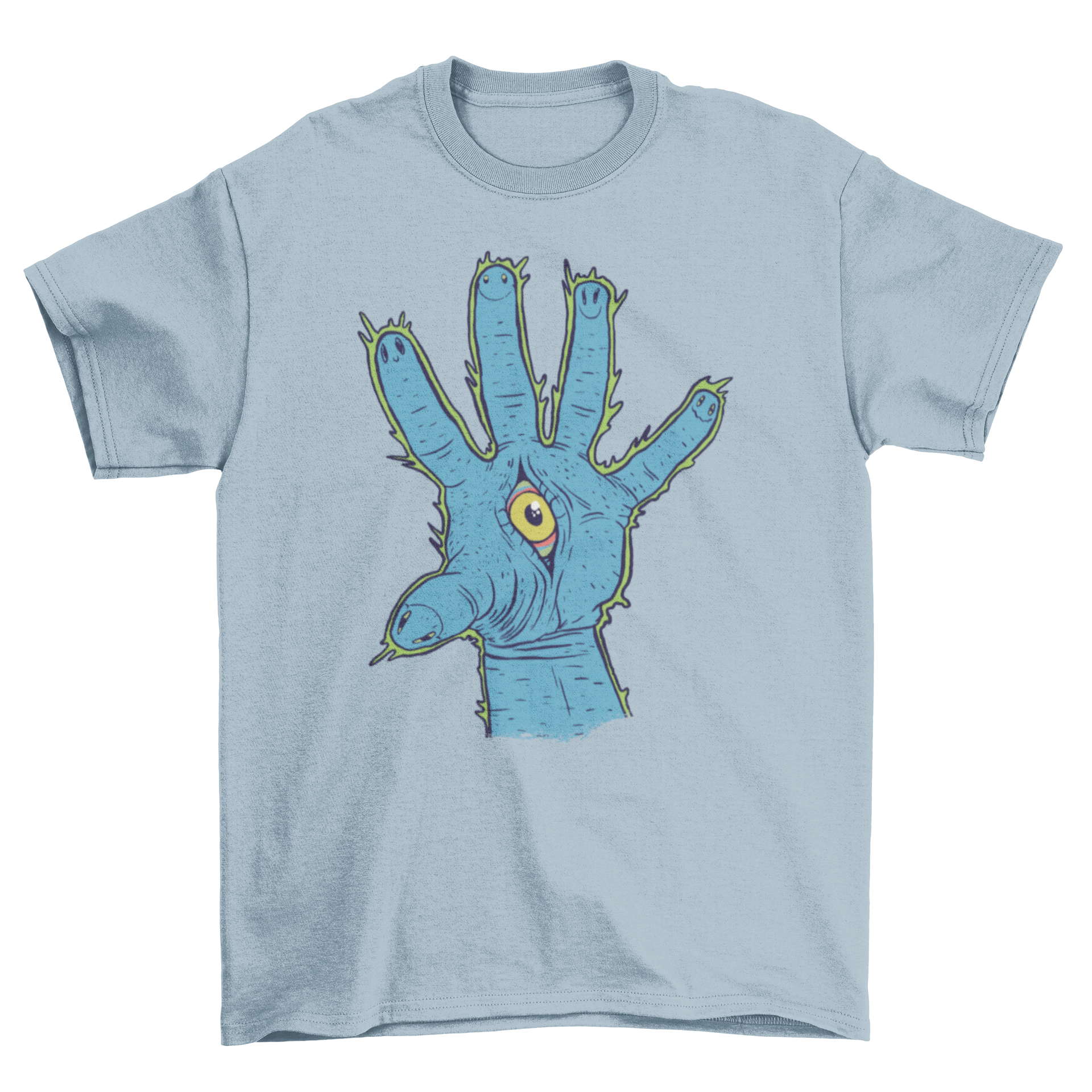 Illuminati hand t-shirt featuring a trippy hand design with an eye in the center, showcasing vibrant colors and artistic flair.