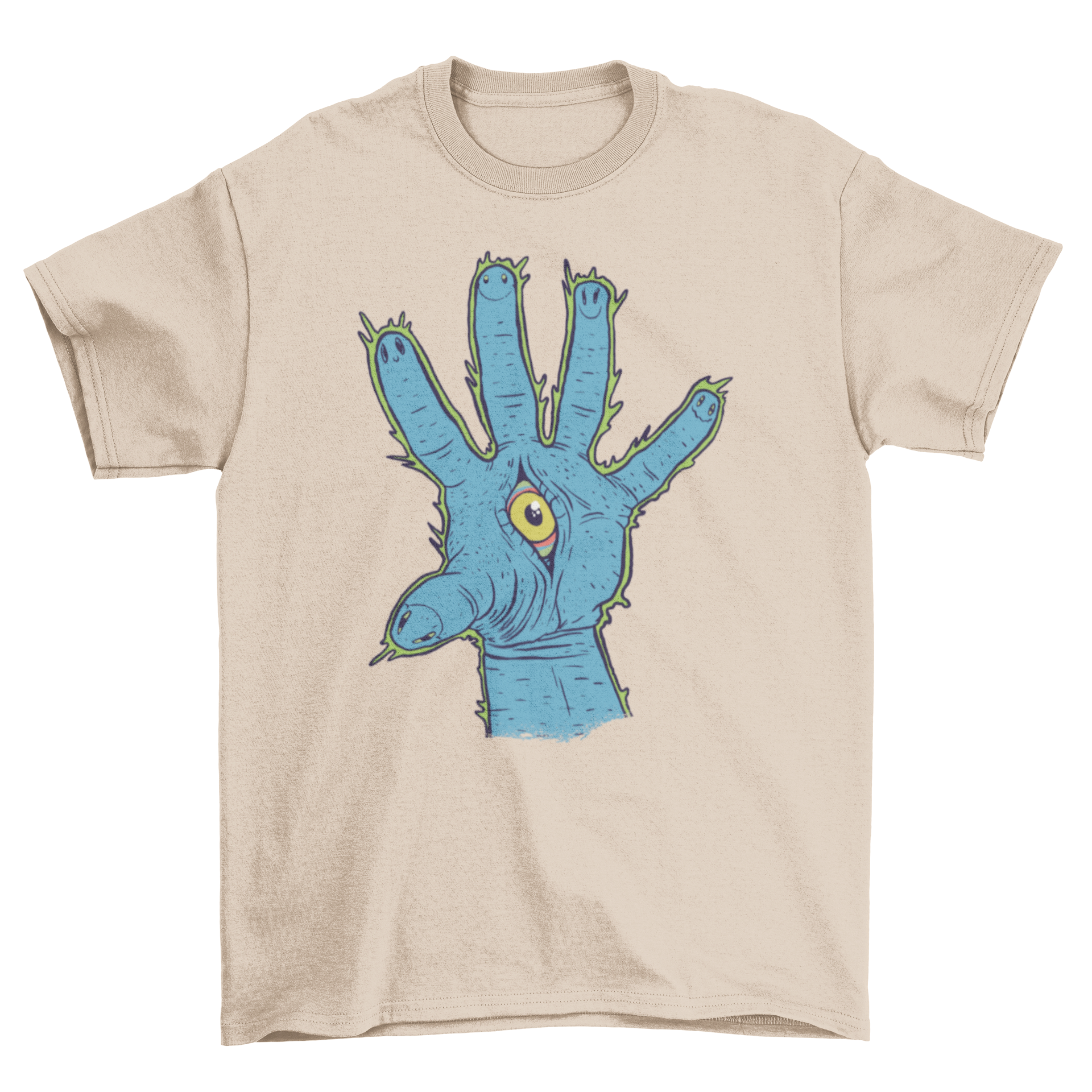 Illuminati hand t-shirt featuring a trippy hand design with an eye in the center, showcasing vibrant colors and artistic flair.