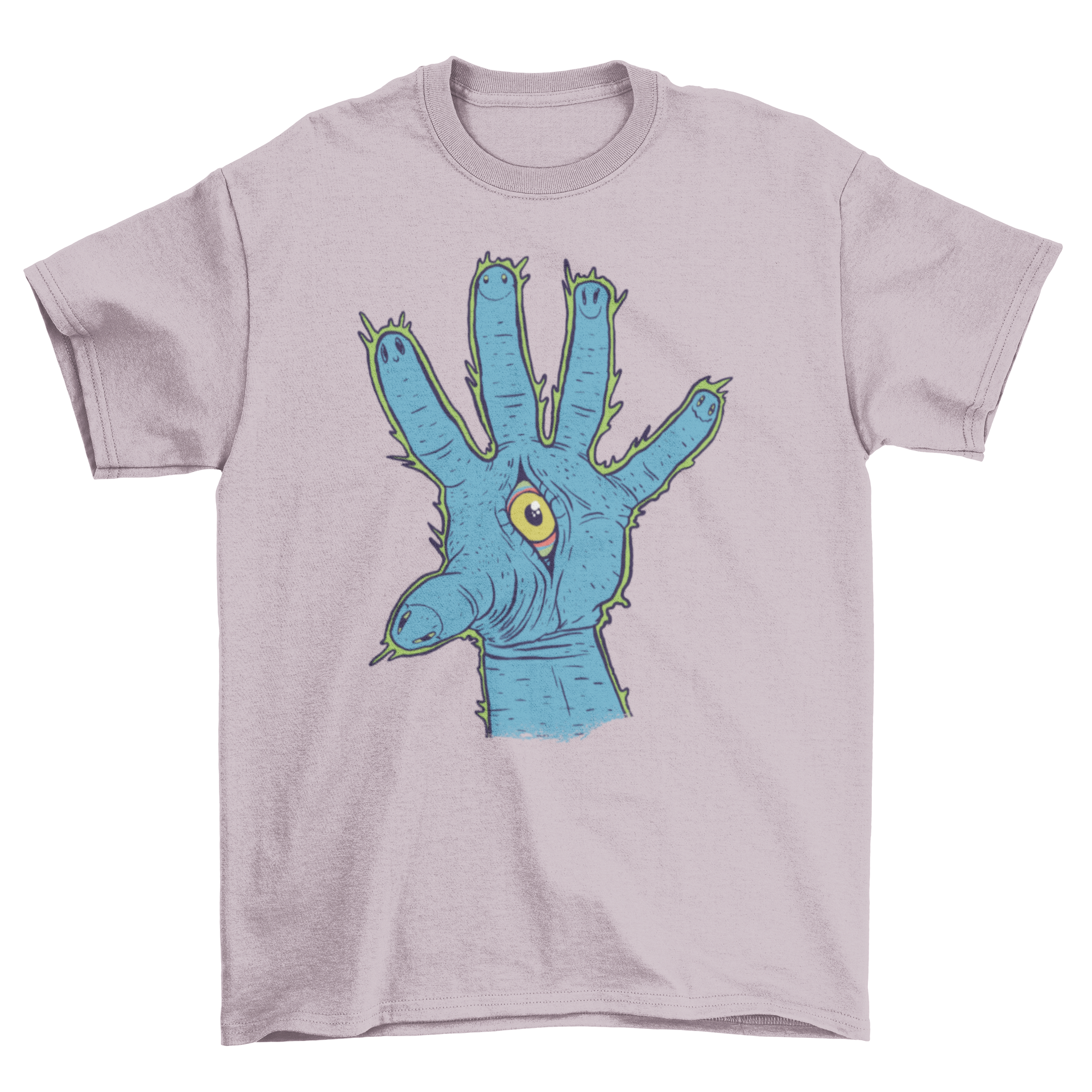 Illuminati hand t-shirt featuring a trippy hand design with an eye in the center, showcasing vibrant colors and artistic flair.