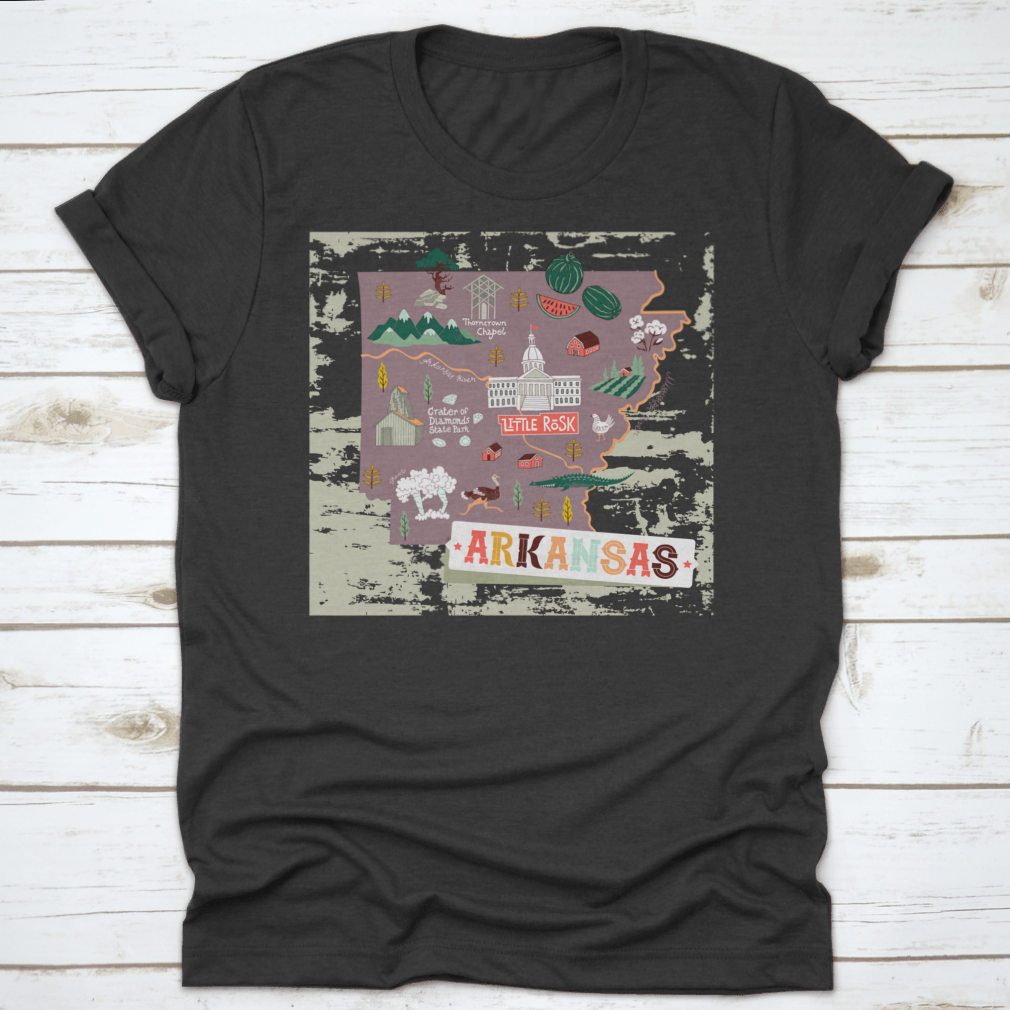 Illustrated map shirt design featuring Arkansas attractions and landscapes, made from 100% cotton for comfort.
