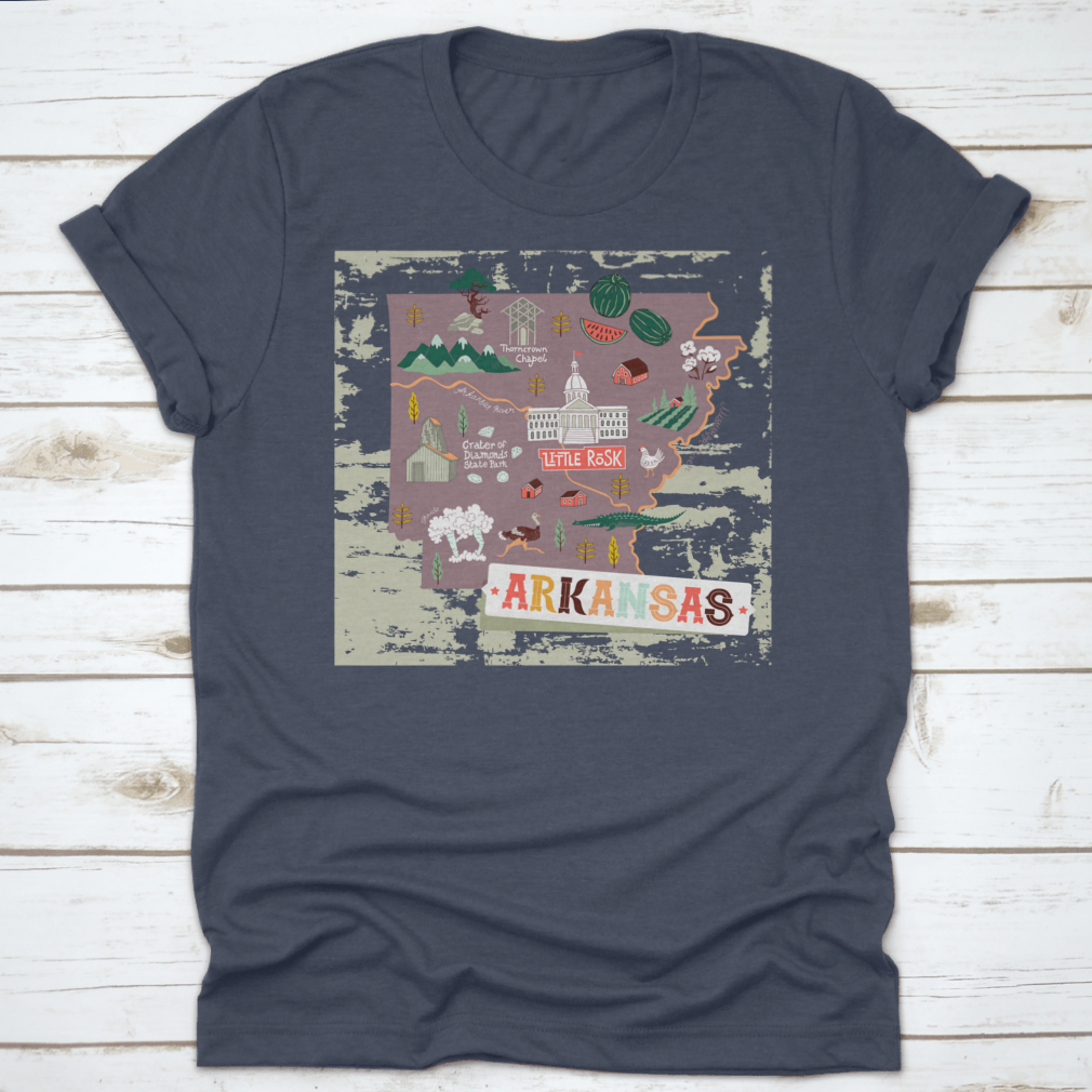 Illustrated map shirt design featuring Arkansas attractions and landscapes, made from 100% cotton for comfort.
